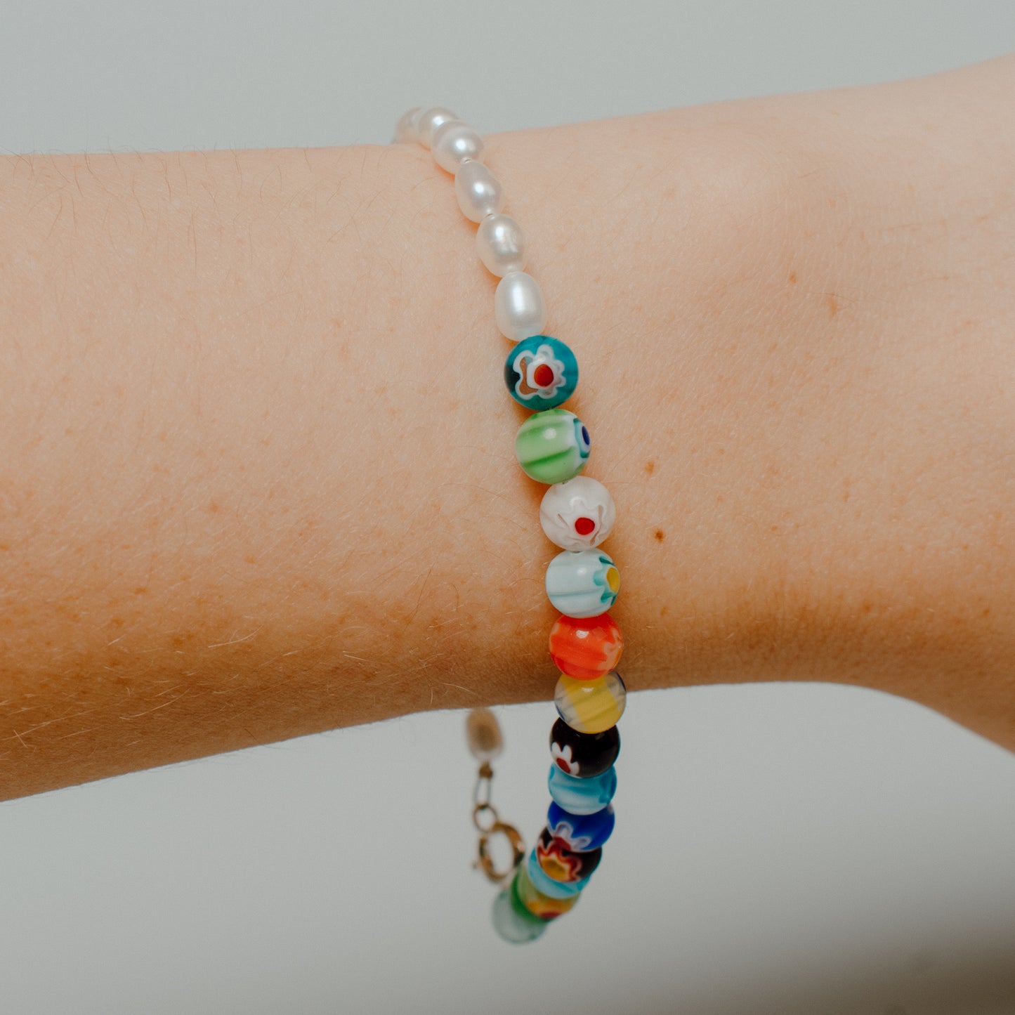 Floral Glass Beads + Pearl Bracelet