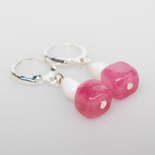 Strawberry Quartz + Pearl Huggie Hoops
