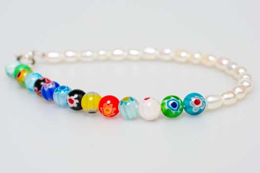 Floral Glass Beads + Pearl Bracelet