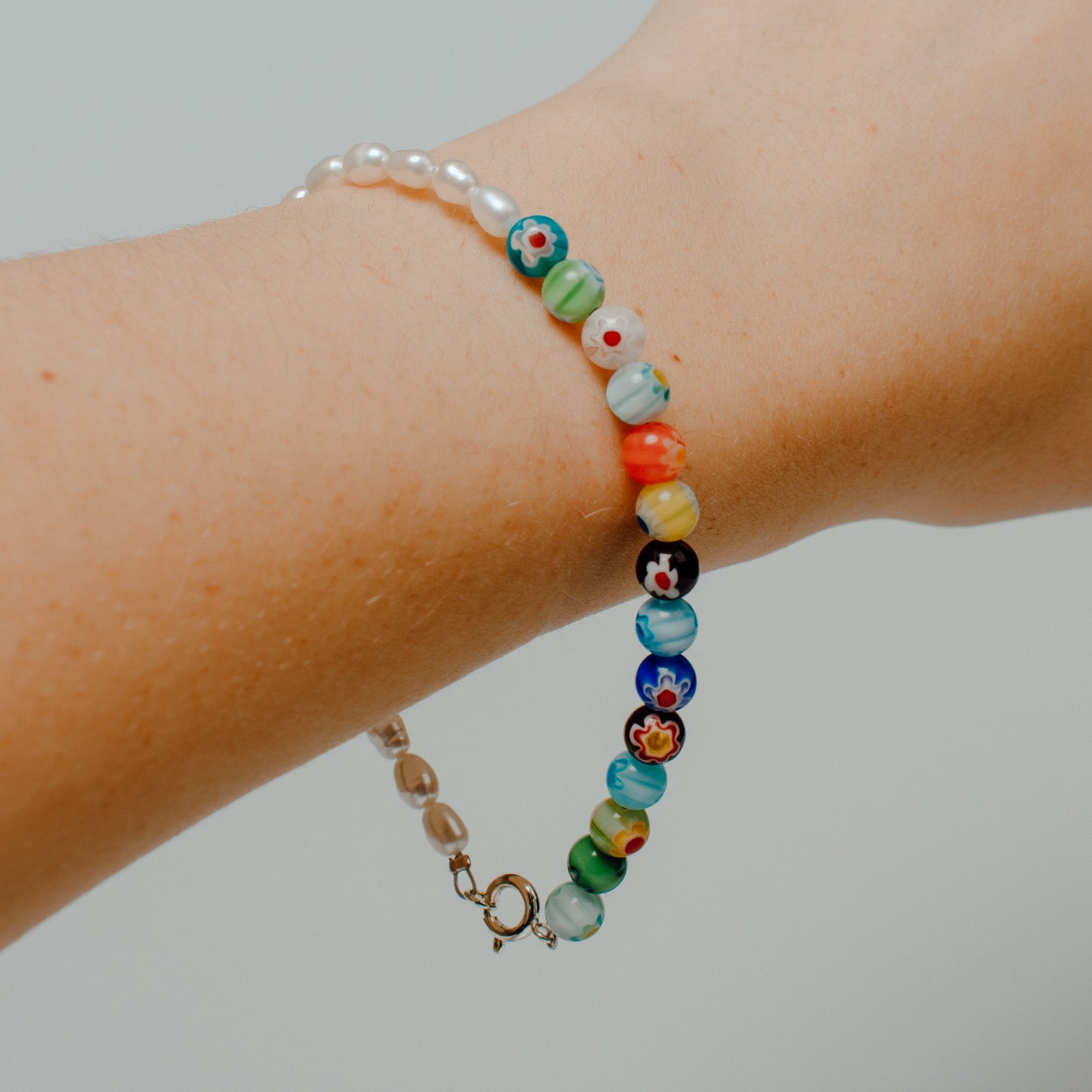 Floral Glass Beads + Pearl Bracelet