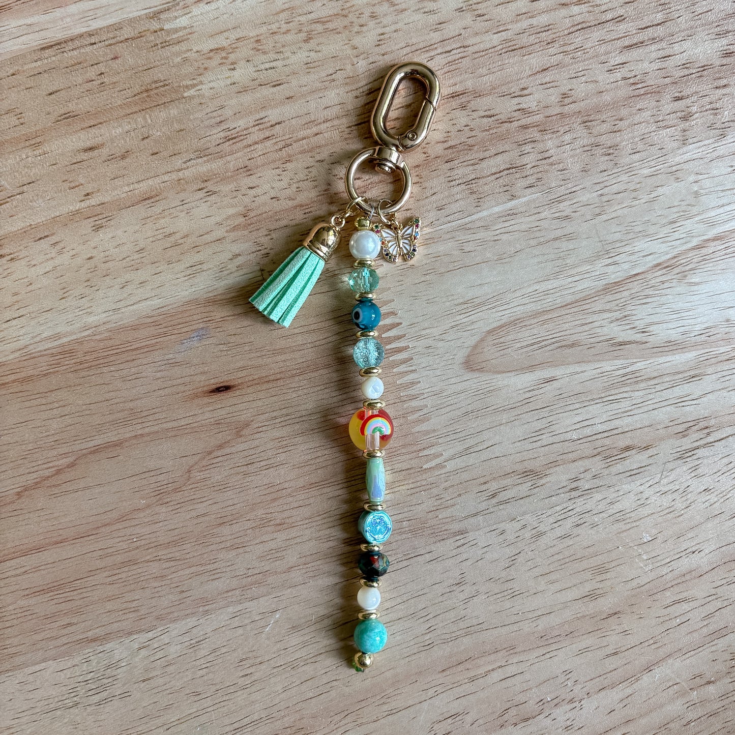 Green & Rainbow Beaded Keychain