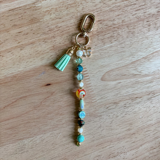 Green & Rainbow Beaded Keychain