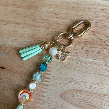 Green & Rainbow Beaded Keychain