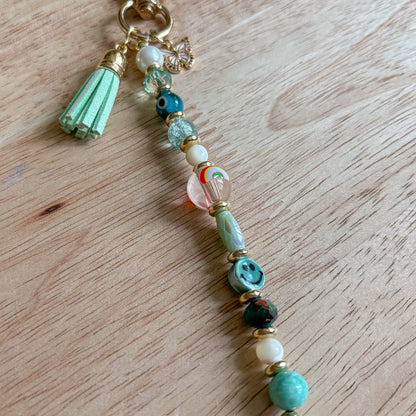 Green & Rainbow Beaded Keychain