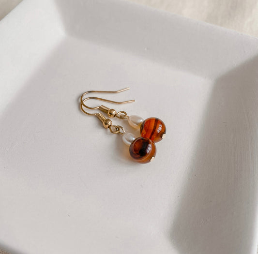 Tigers Eye + Pearl Dangling Earrings