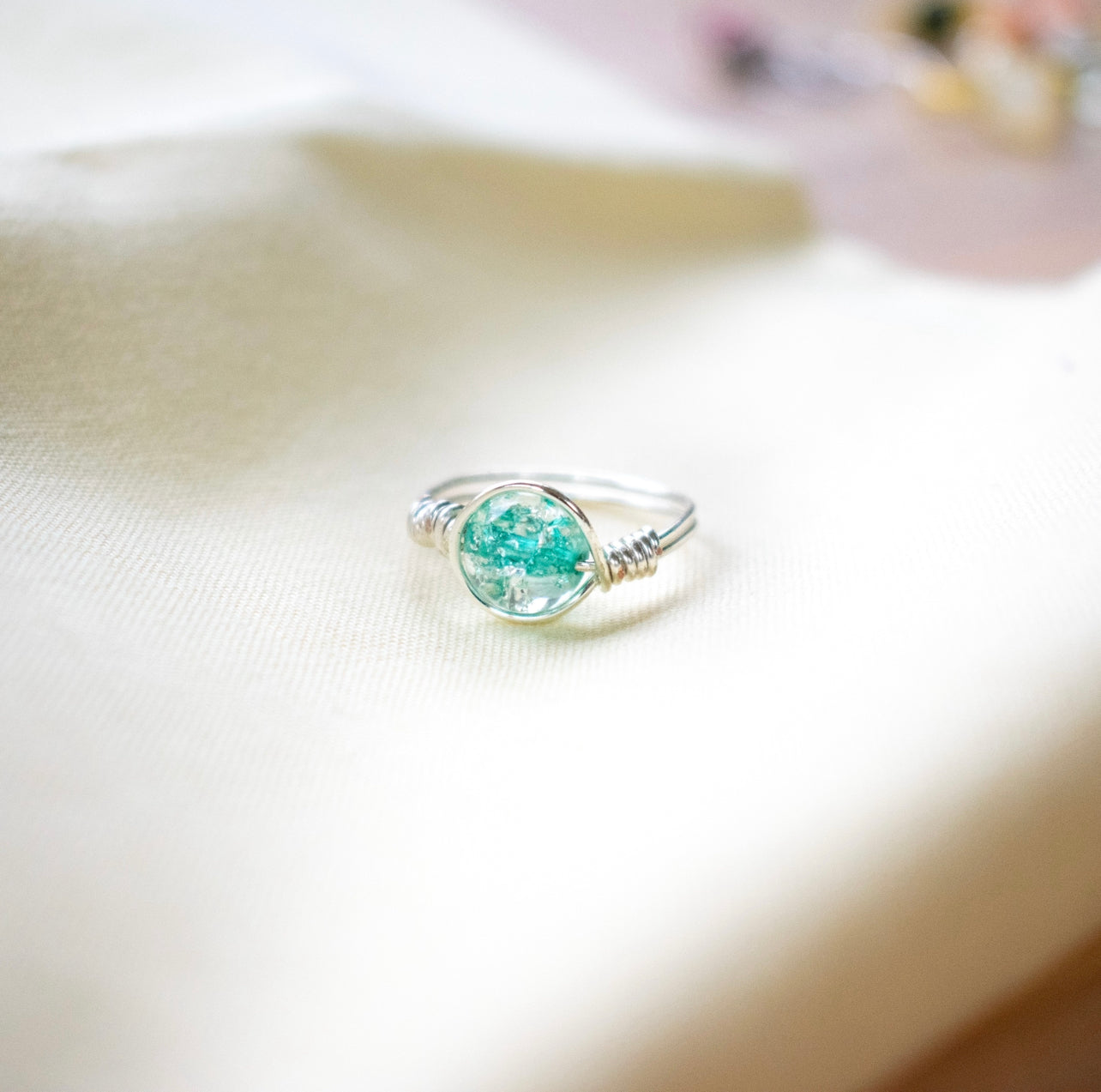 Teal Bead Wire Wrapped Ring