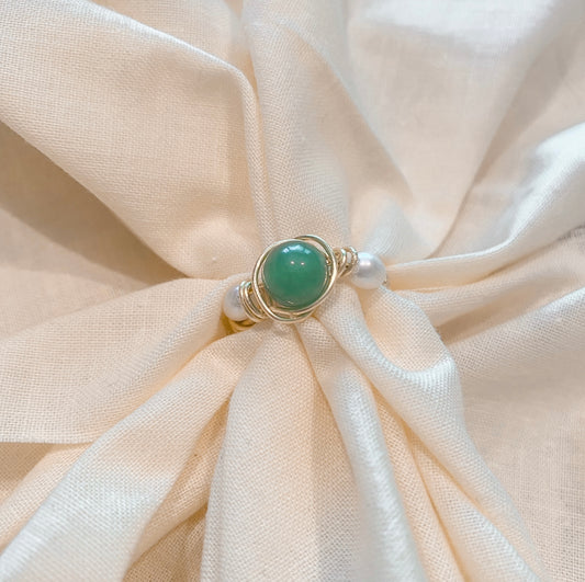 Aventurine + Pearl Wire Wrapped Ring