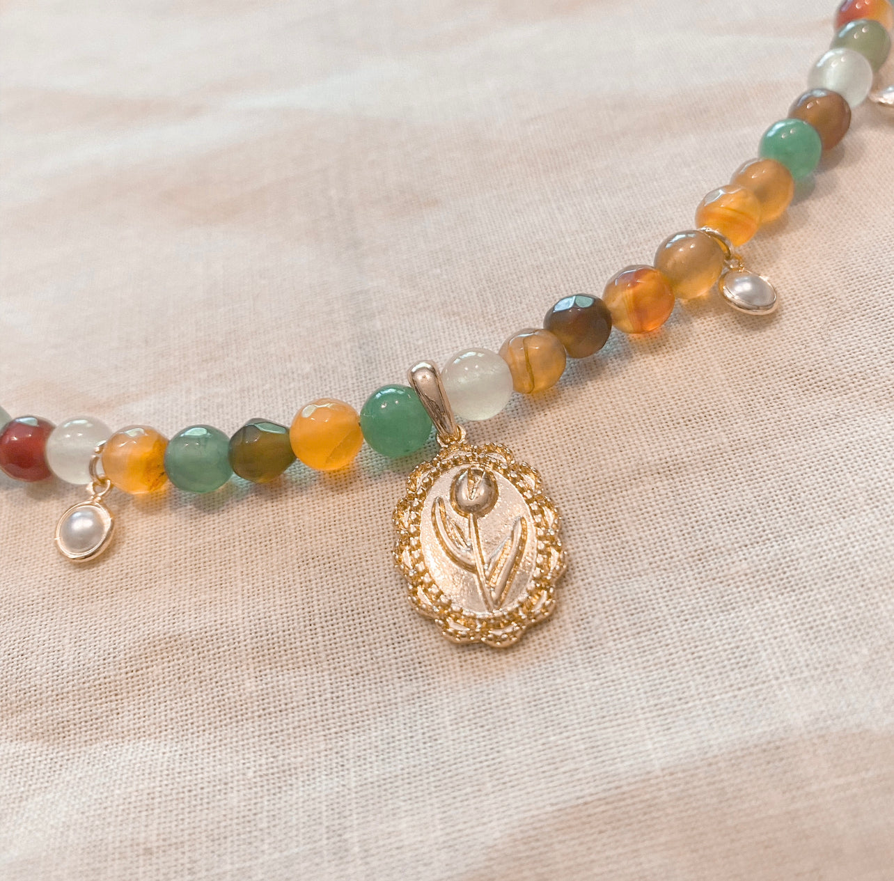 Agate + Pearl Necklace with Gold Floral Pendant
