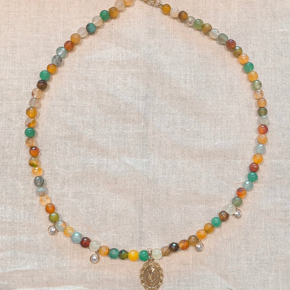 Agate + Pearl Necklace with Gold Floral Pendant