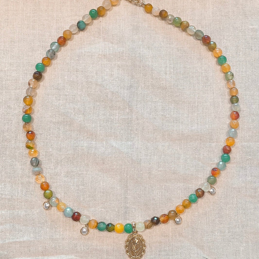 Agate + Pearl Necklace with Gold Floral Pendant